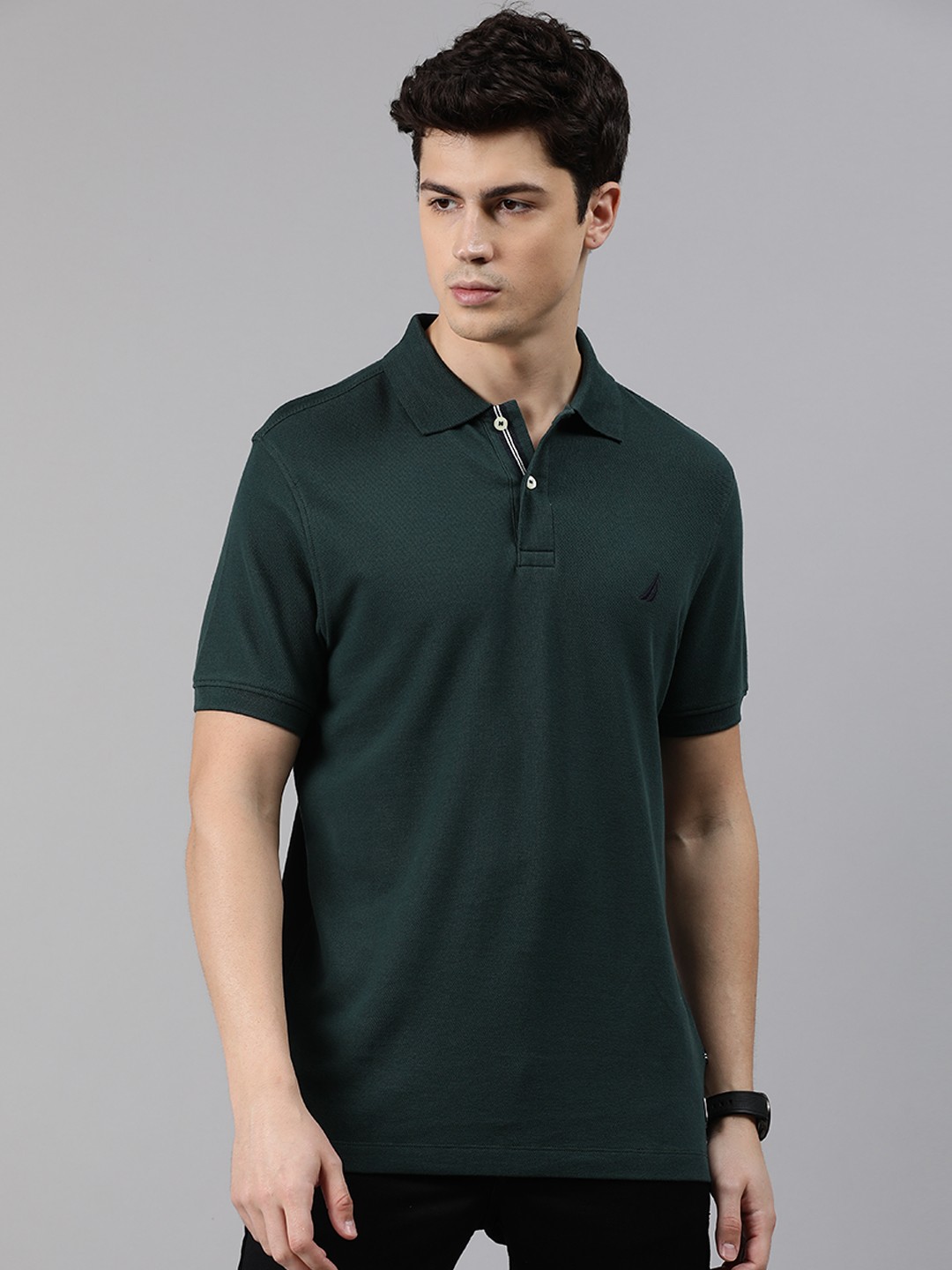 

Nautica Men Green Solid Polo Collar Pure Cotton T-shirt