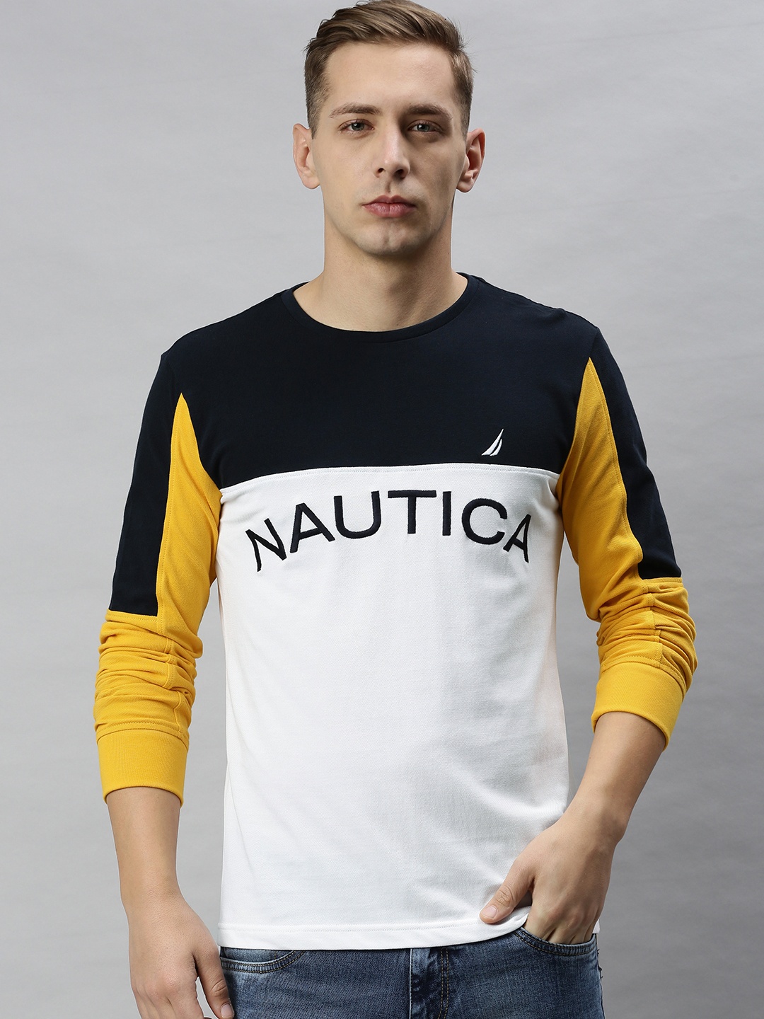 

Nautica Men White Navy Pure Cotton Colourblocked Round Neck Pure Cotton T-shirt