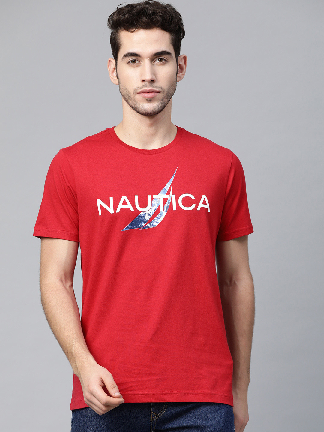 

Nautica Men Red Brand Logo Print Round Neck T-shirt
