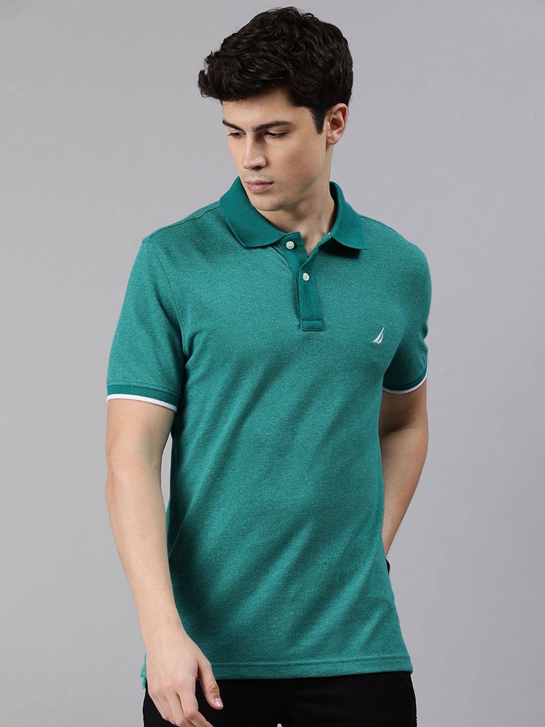 

Nautica Men Green Solid Polo Collar Pure Cotton T-shirt