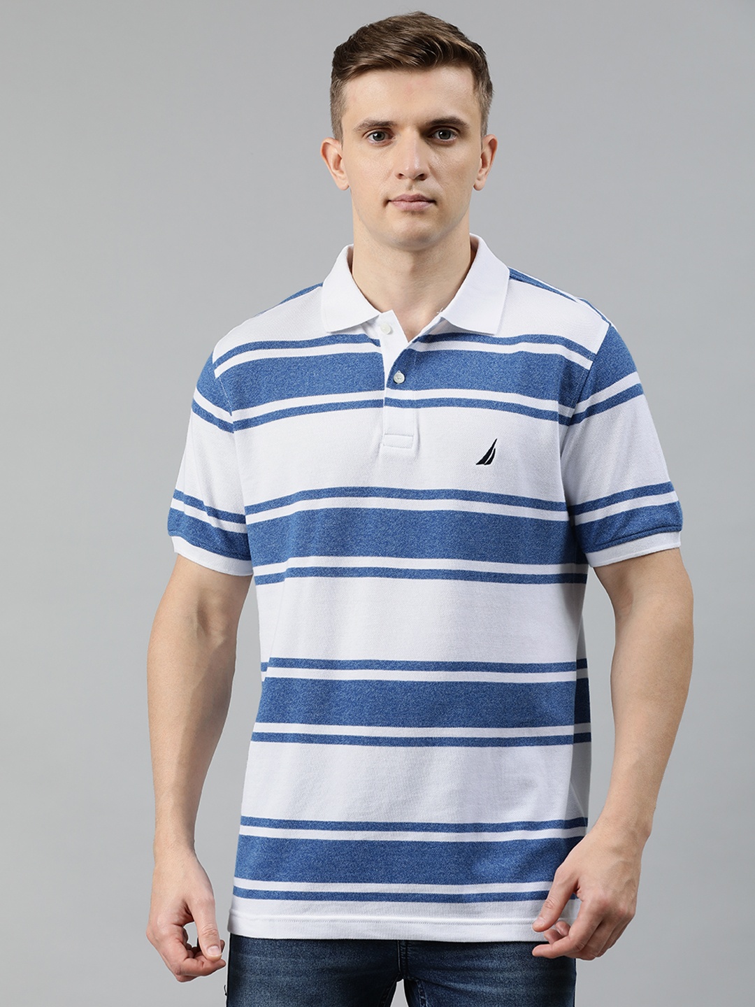 

Nautica Men White & Blue Striped Polo Collar T-shirt