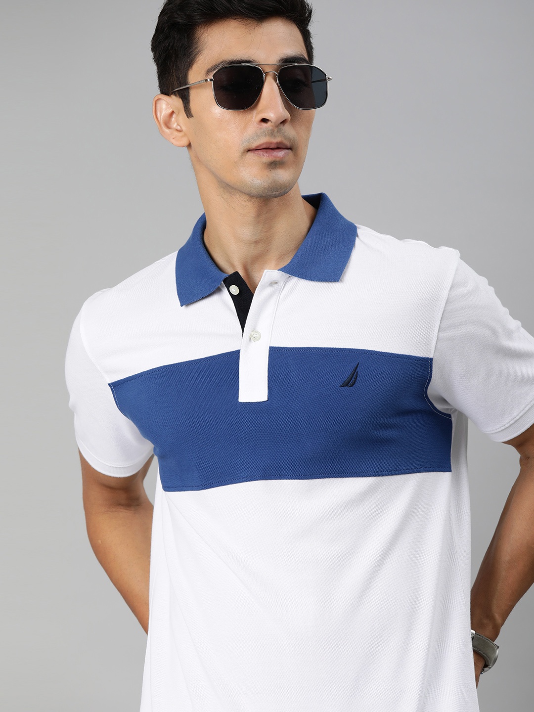 

Nautica Men White Blue Colourblocked Contrast Polo Collar Pure Cotton T-shirt