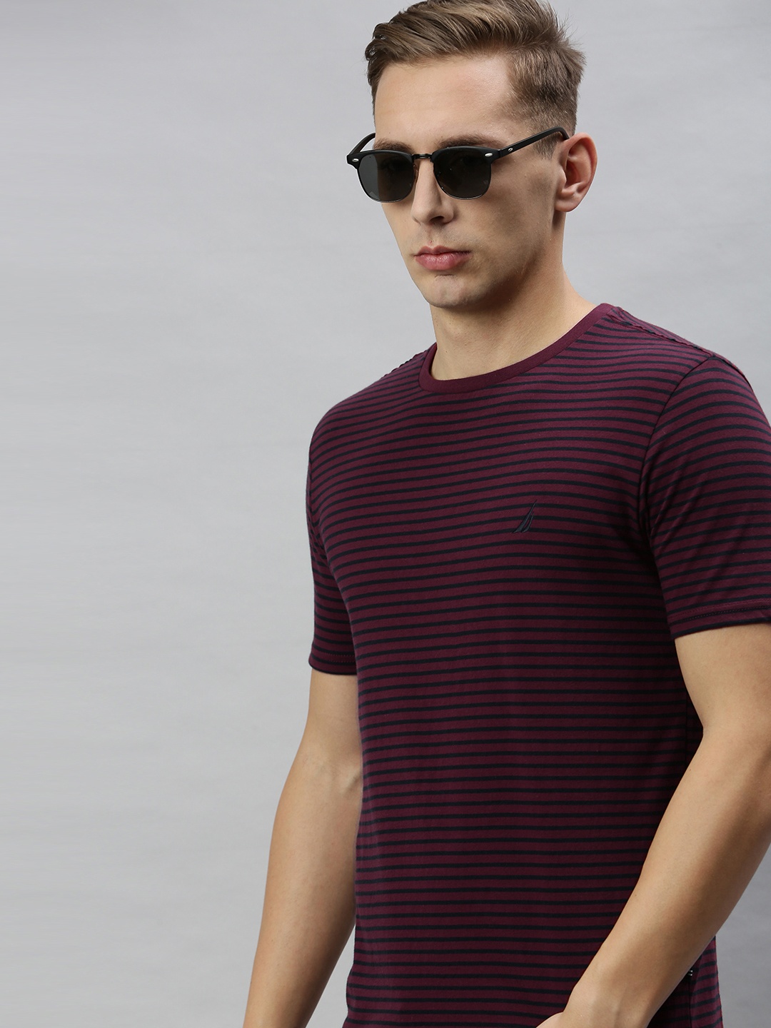 

Nautica Men Burgundy Navy Pure Cotton Striped Round Neck Pure Cotton T-shirt