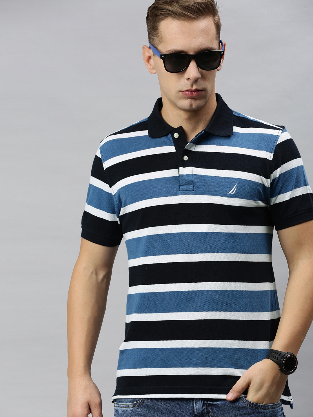 

Nautica Men Blue White Pure Cotton Striped Polo Collar Pure Cotton T-shirt