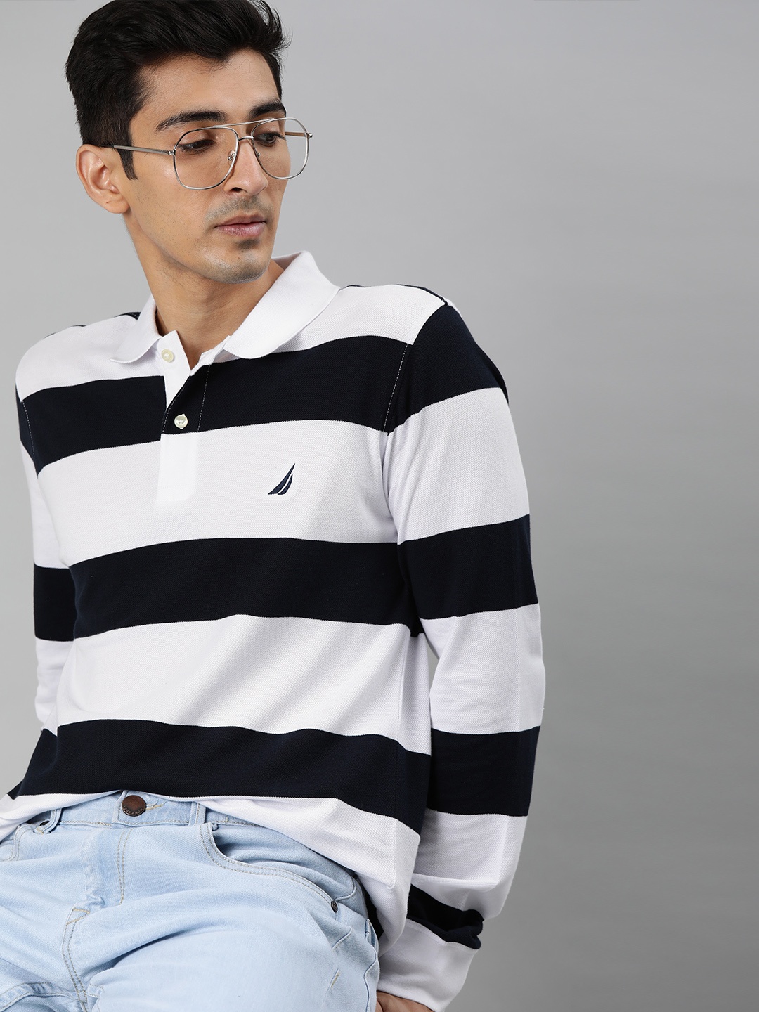 

Nautica Men White Navy Blue Striped Polo Collar Longline Pure Cotton T-shirt