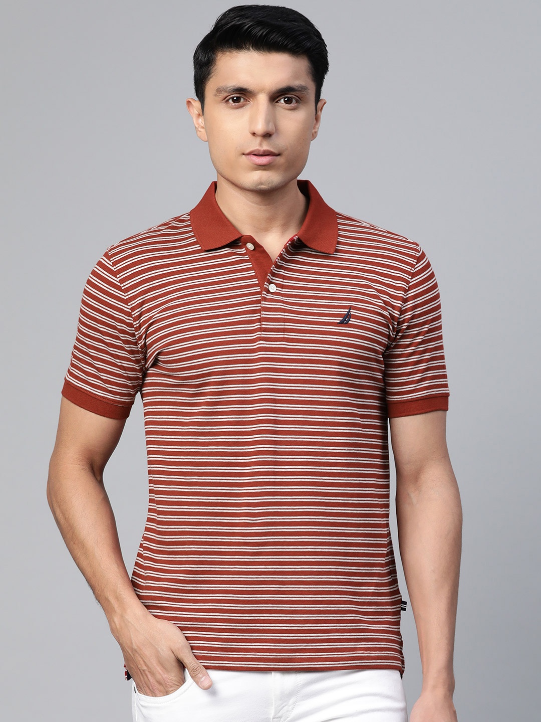 

Nautica Men Maroon & White Striped Polo Collar T-shirt