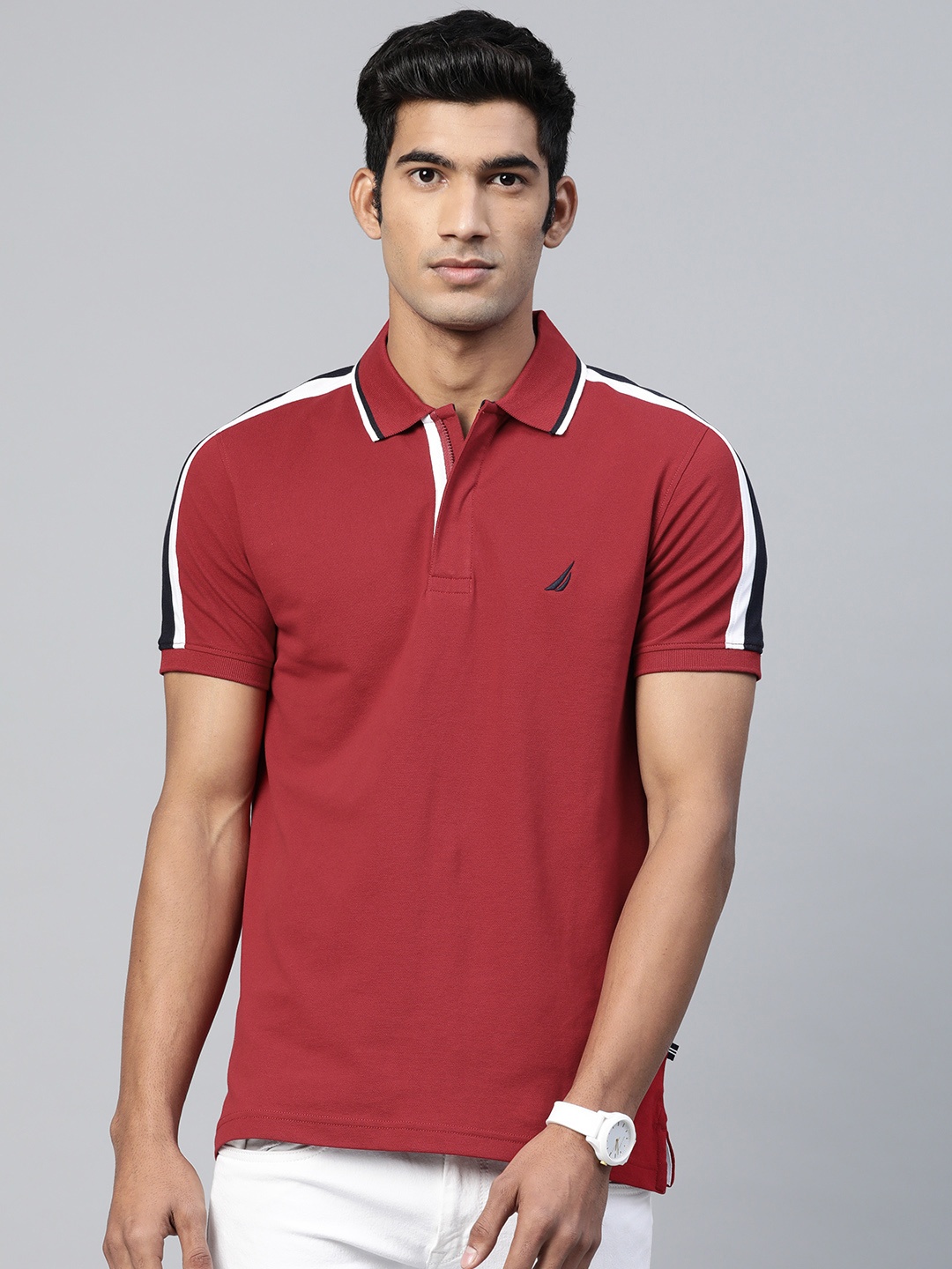 

Nautica Men Red Solid Polo Collar T-shirt