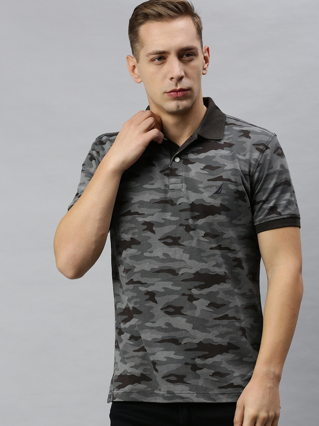 

Nautica Men Charcoal Grey & Black Camouflage Print Pure Cotton Polo Collar T-shirt