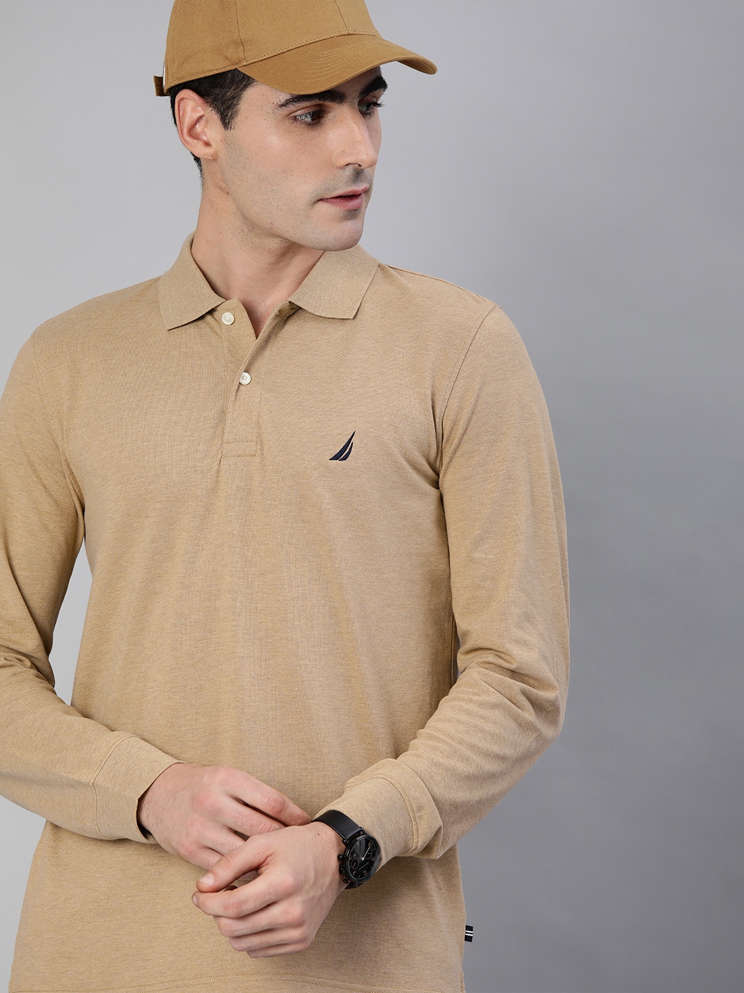 

Nautica Men Beige Solid Polo Collar T-shirt