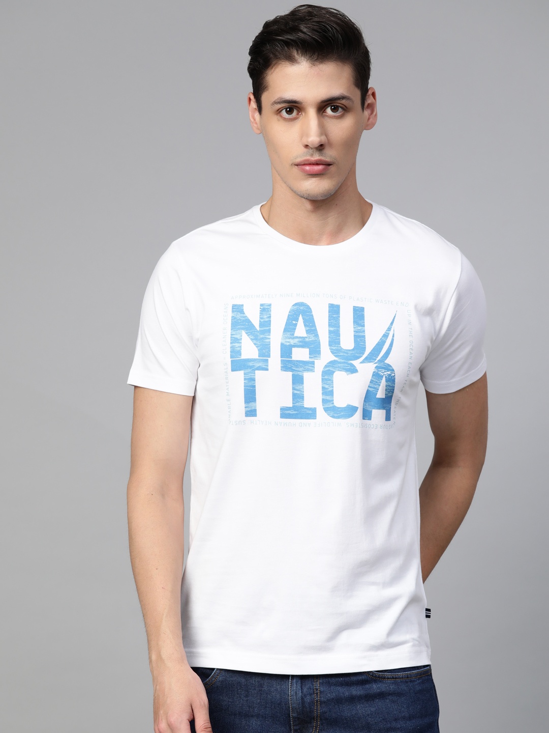 

Nautica Men White & Blue Printed Round Neck T-shirt