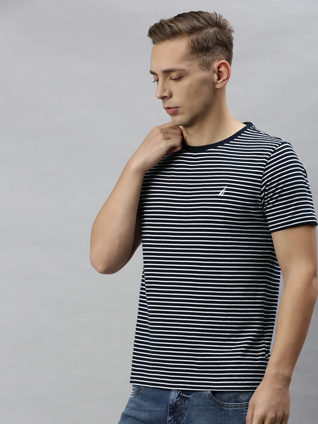

Nautica Men Navy Blue White Striped Round Neck Cotton Pure Cotton T-shirt