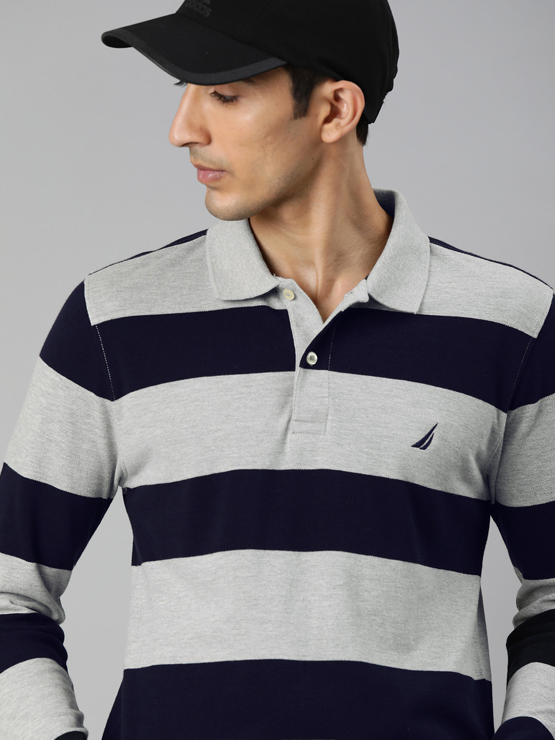 

Nautica Men Grey Striped Polo Collar Longline Pure Cotton T-shirt