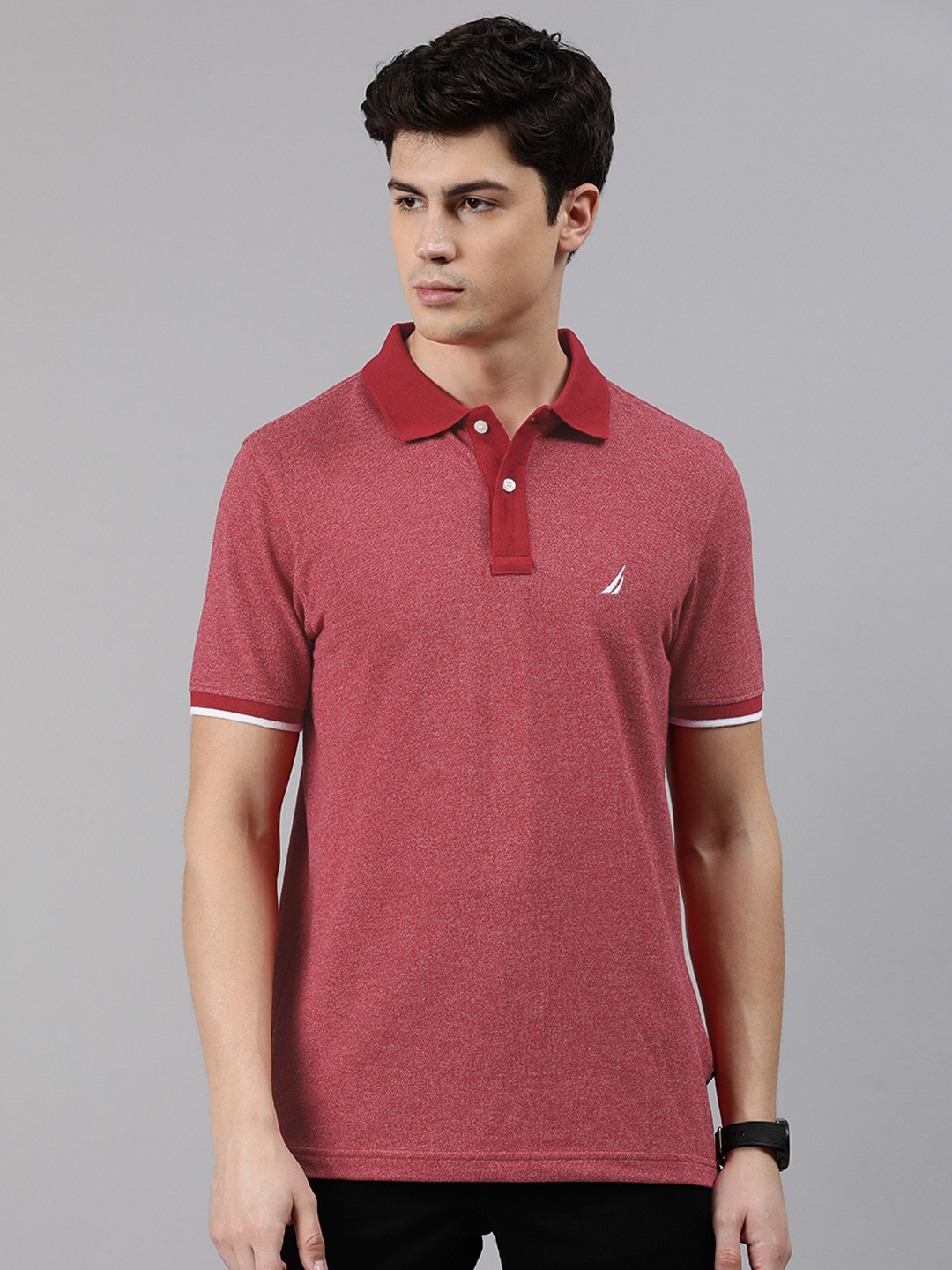 

Nautica Men Red Solid Polo Collar T-shirt