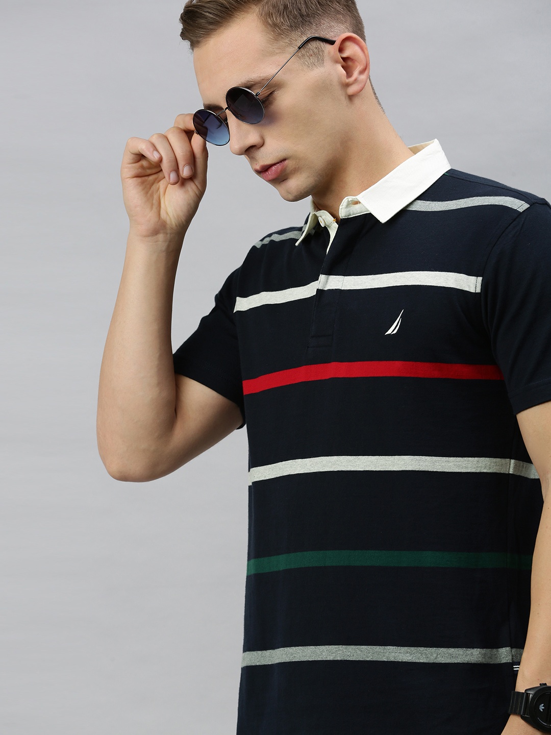 

Nautica Men Navy Blue & White Striped Pure Cotton Polo Collar T-shirt