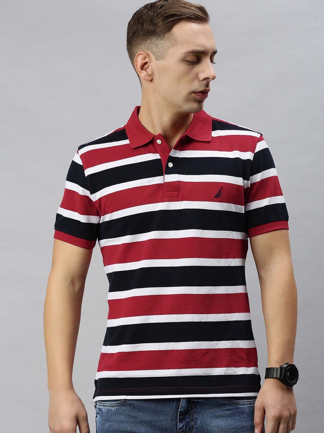 

Nautica Men Red Navy Pure Cotton Striped Polo Collar Pure Cotton T-shirt