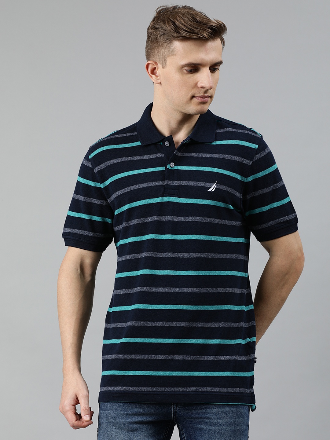

Nautica Men Navy Blue & Green Striped Polo Collar T-shirt