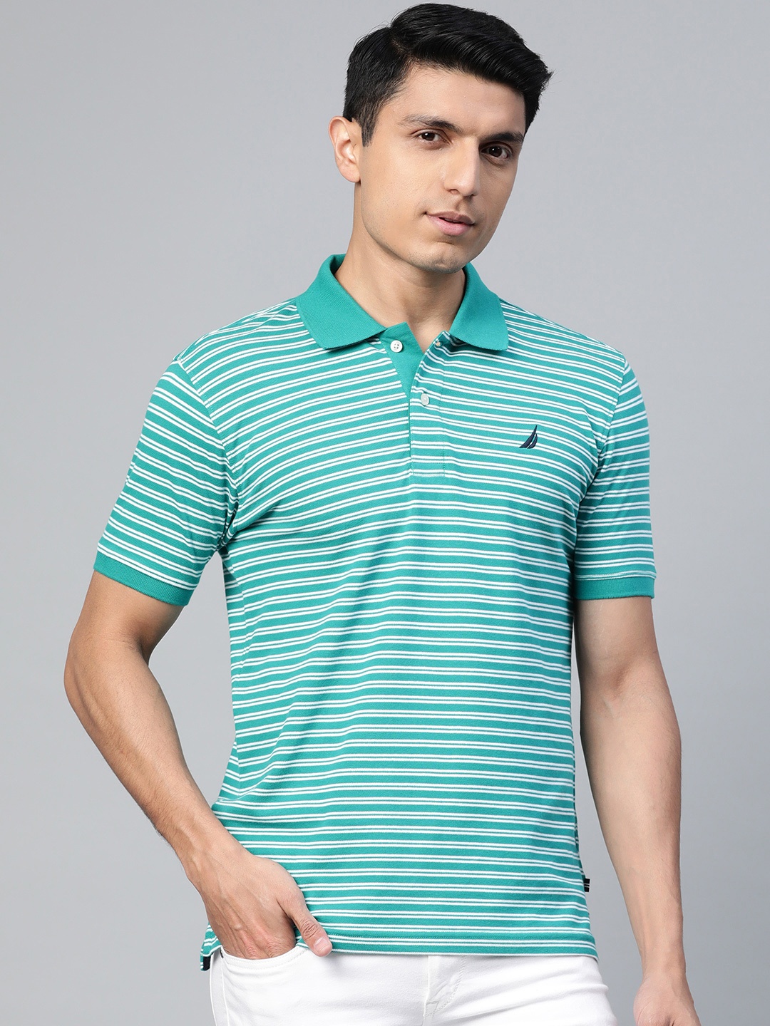 

Nautica Men Green & White Striped Polo Collar T-shirt