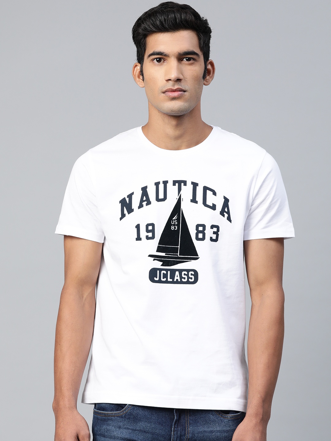 

Nautica Men White Navy Blue Printed Round Neck Pure Cotton T-shirt