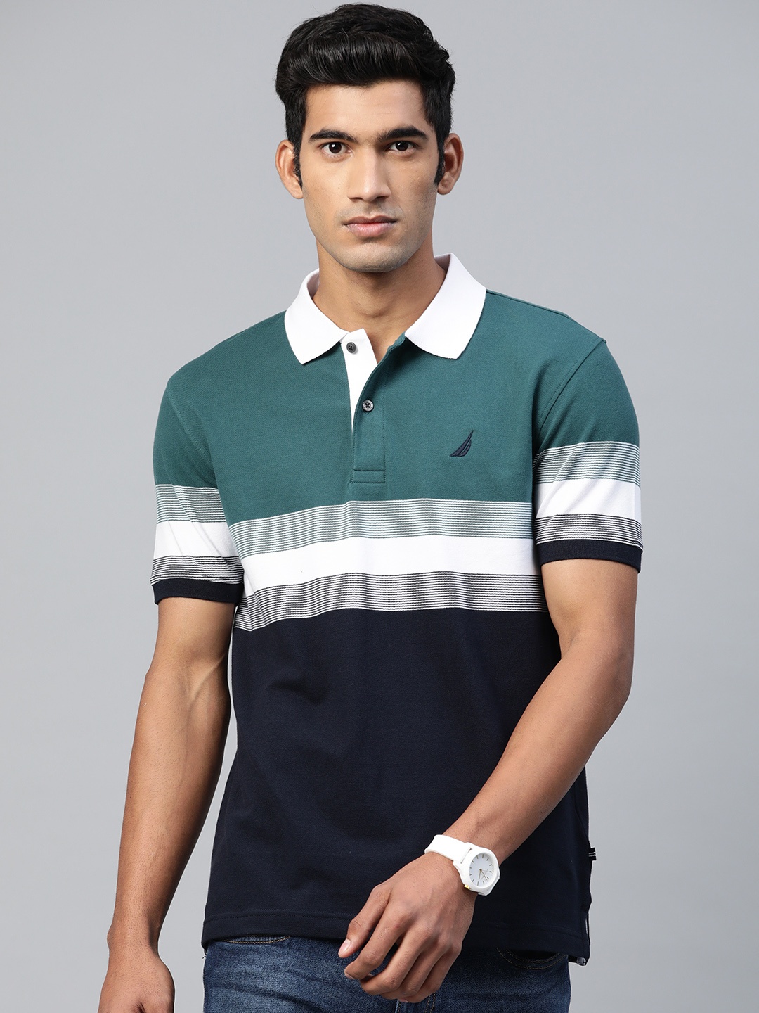 

Nautica Men Teal & White Striped Polo Collar T-shirt