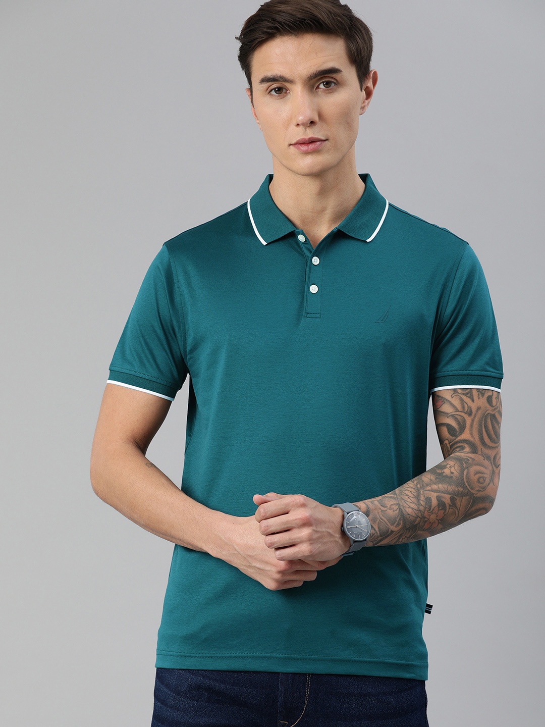 

Nautica Men Teal Blue Pure Cotton Solid Polo Collar Pure Cotton T-shirt