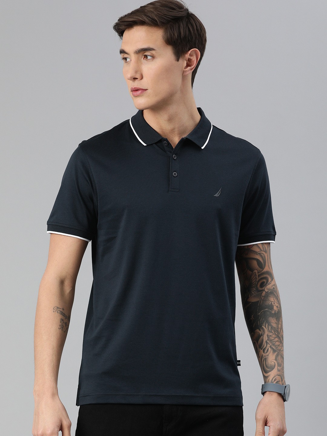 

Nautica Men Navy Blue Solid Polo Collar Pure Cotton T-shirt