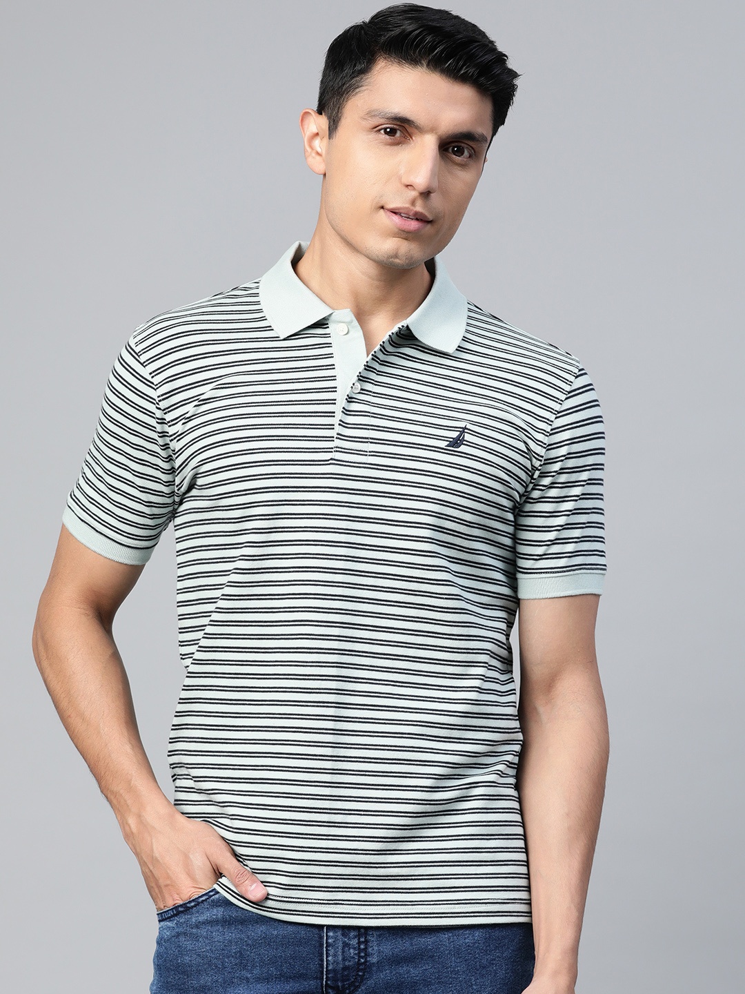 

Nautica Men Green & Black Striped Polo Collar T-shirt