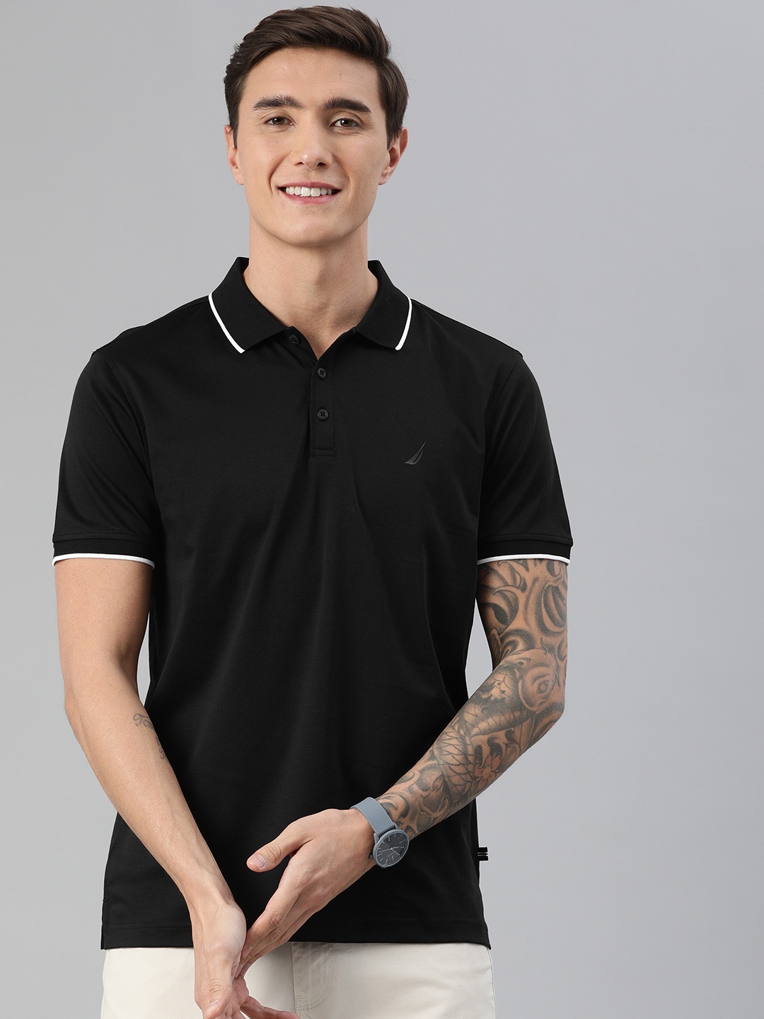 

Nautica Men Black Pure Cotton Polo Collar Pure Cotton T-shirt