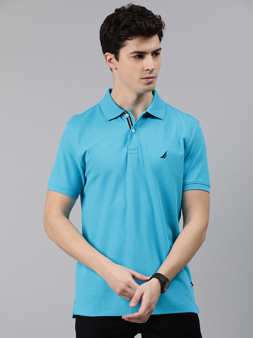 

Nautica Men Blue Slim Fit Solid Polo Collar Pure Cotton T-shirt