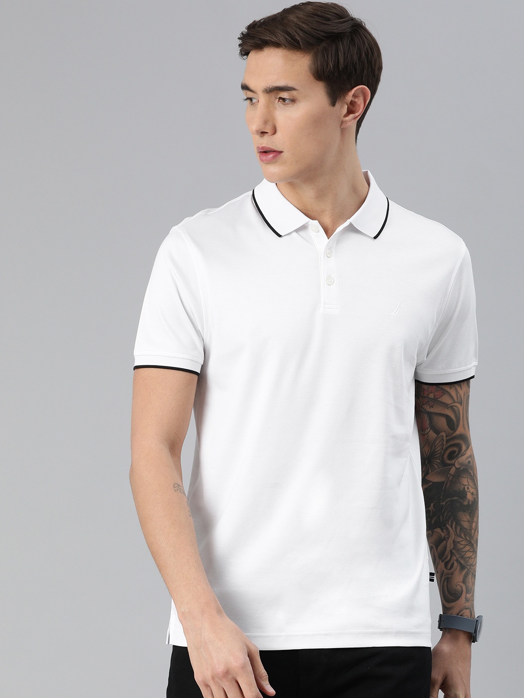 

Nautica Men White Solid Polo Collar Pure Cotton T-shirt