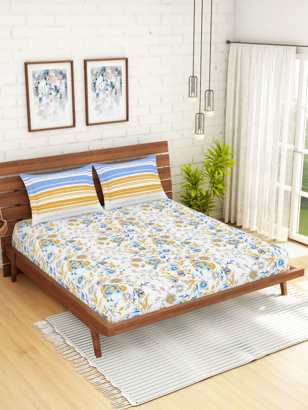 

Spaces Atrium Floral Light Blue 1 Queen Size Fitted Sheets With 2 Pillow Cover, White