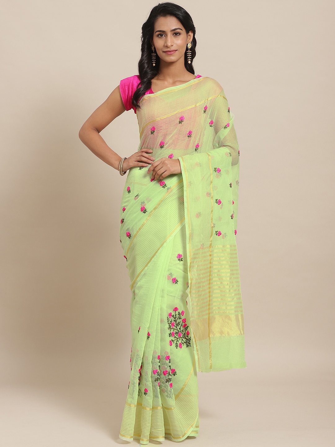 

Rajesh Silk Mills Lime Green & Pink Floral Embroidered Sheer Saree
