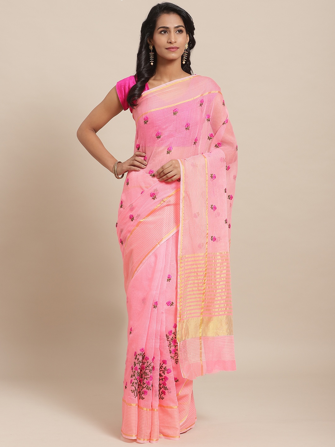 

Rajesh Silk Mills Pink & Golden Floral Embroidered Sheer Saree