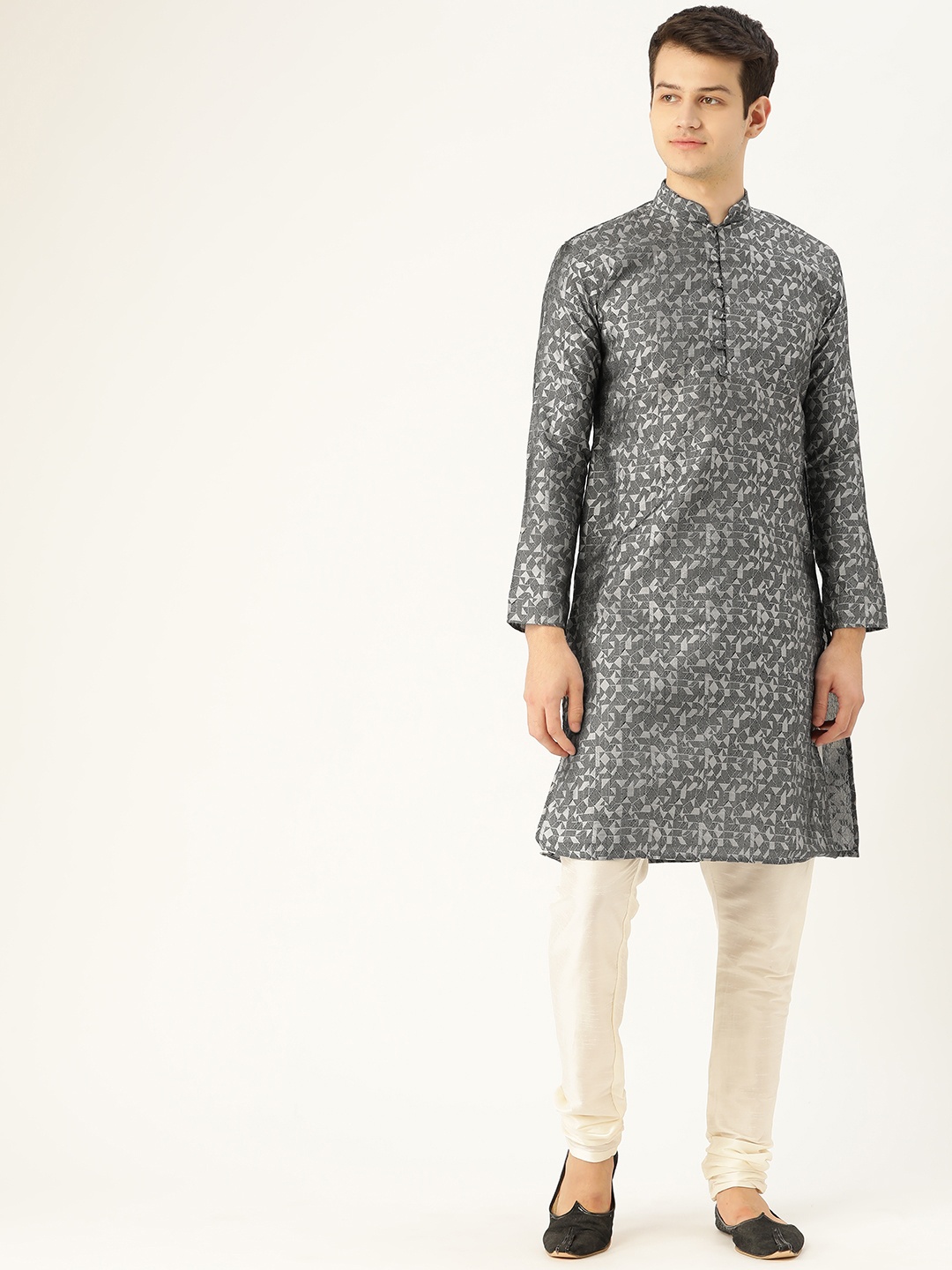 

SOJANYA Men Grey & Black Woven Design Straight Kurta