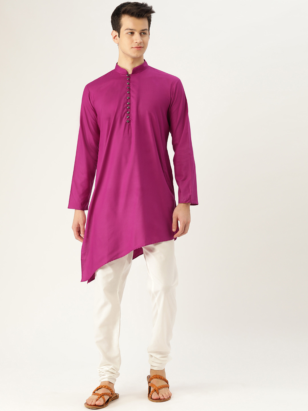

SOJANYA Men Magenta & White Solid Asymmetric Kurta with Churidar