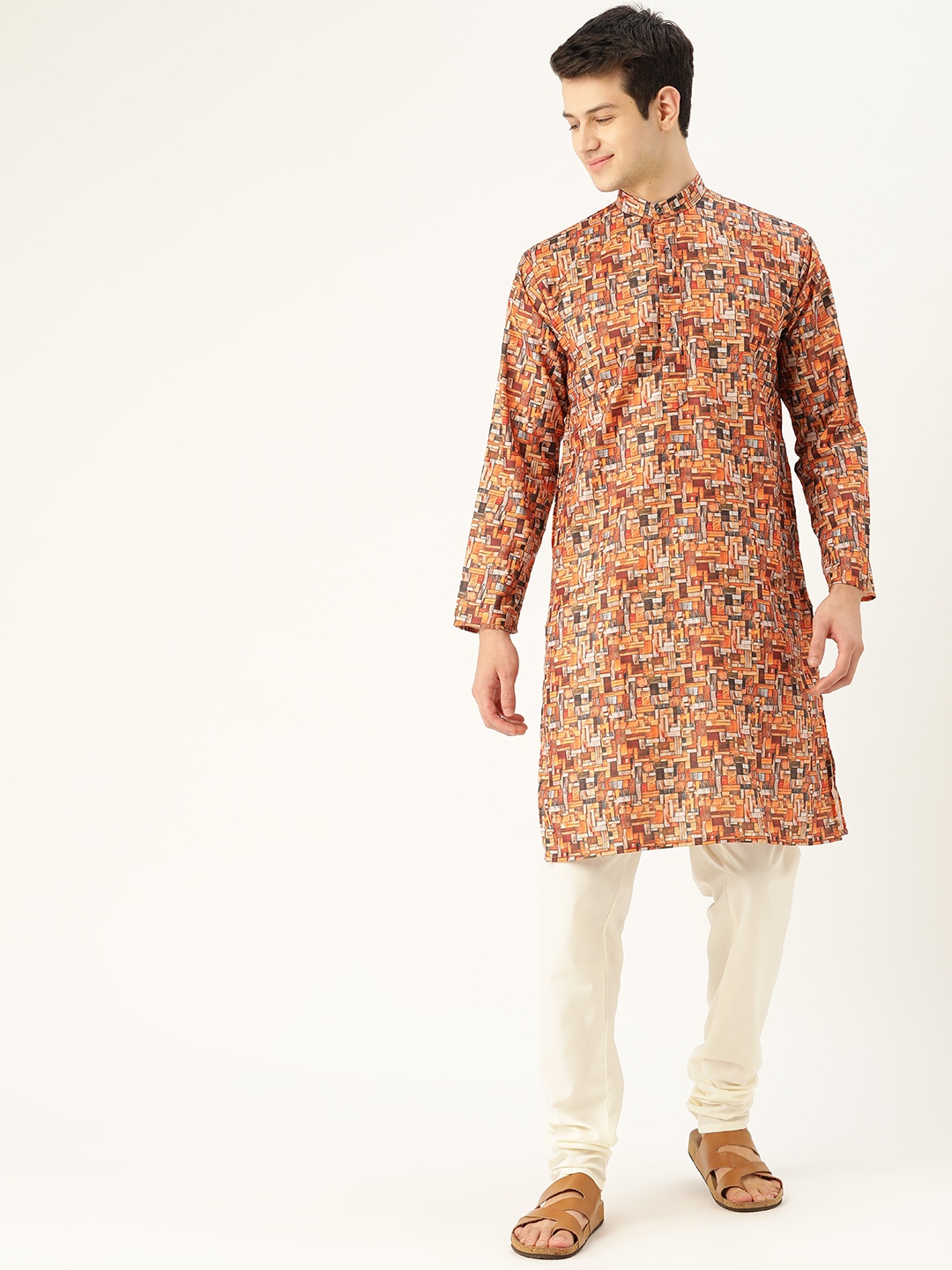 

SOJANYA Men Beige & Rust Orange Printed Kurta with Solid Churidar