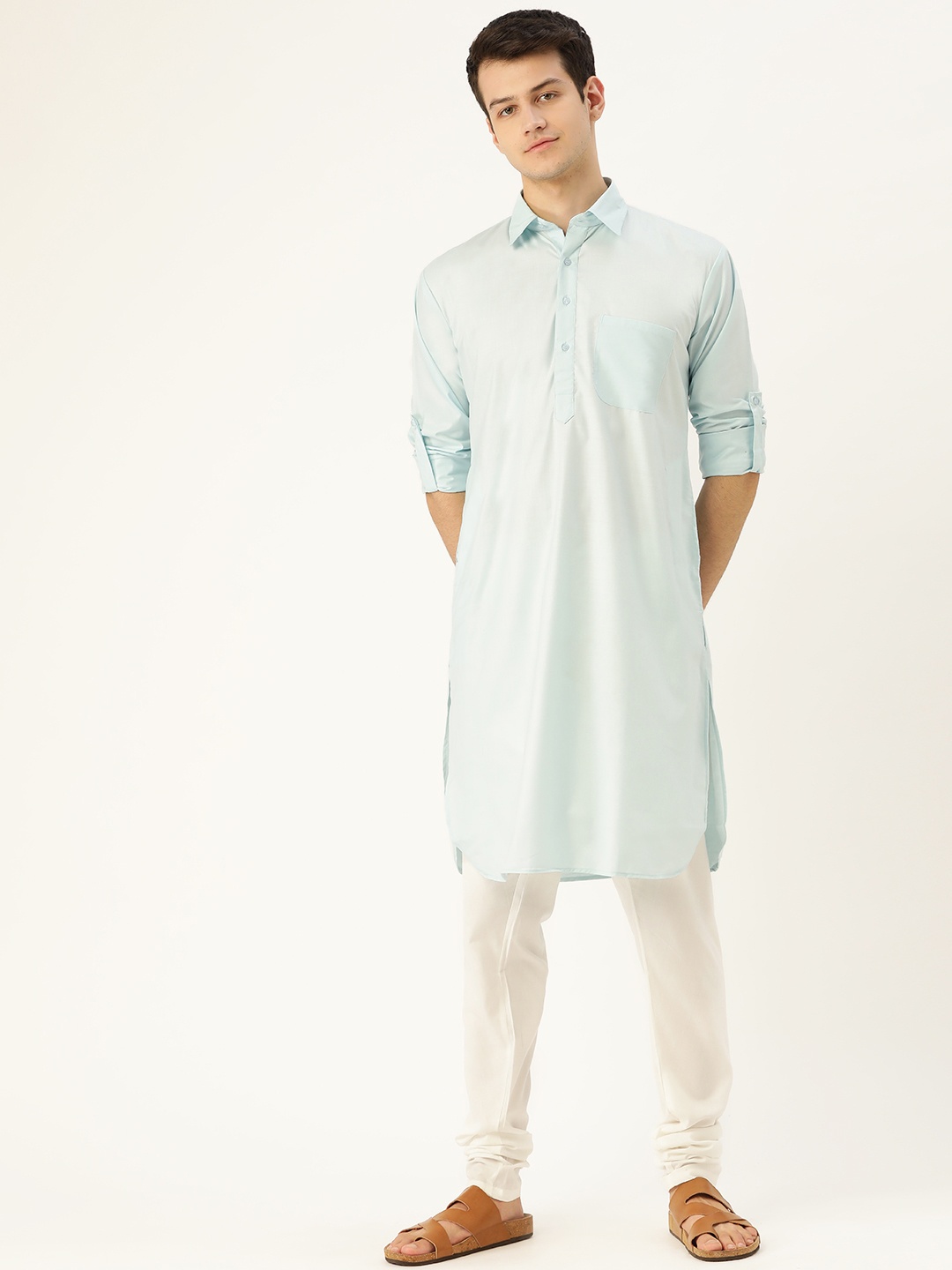 

SOJANYA Men Blue & White Solid Pathani Kurta with Churidar