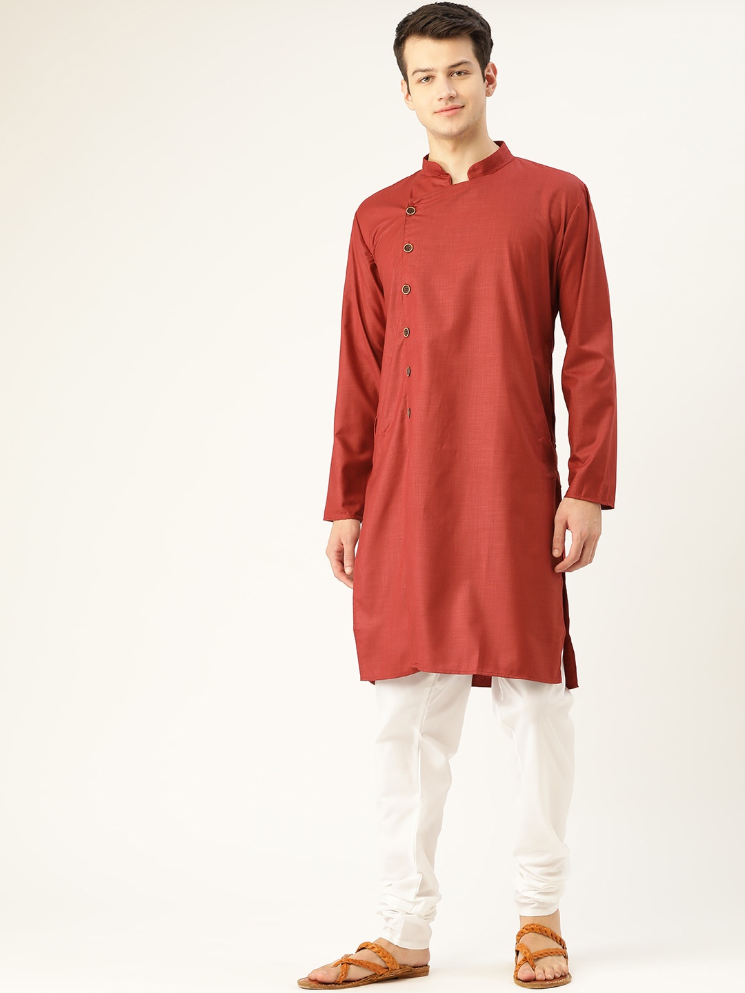 

SOJANYA Men Maroon & White Asymmetric Closure Solid Kurta with Churidar