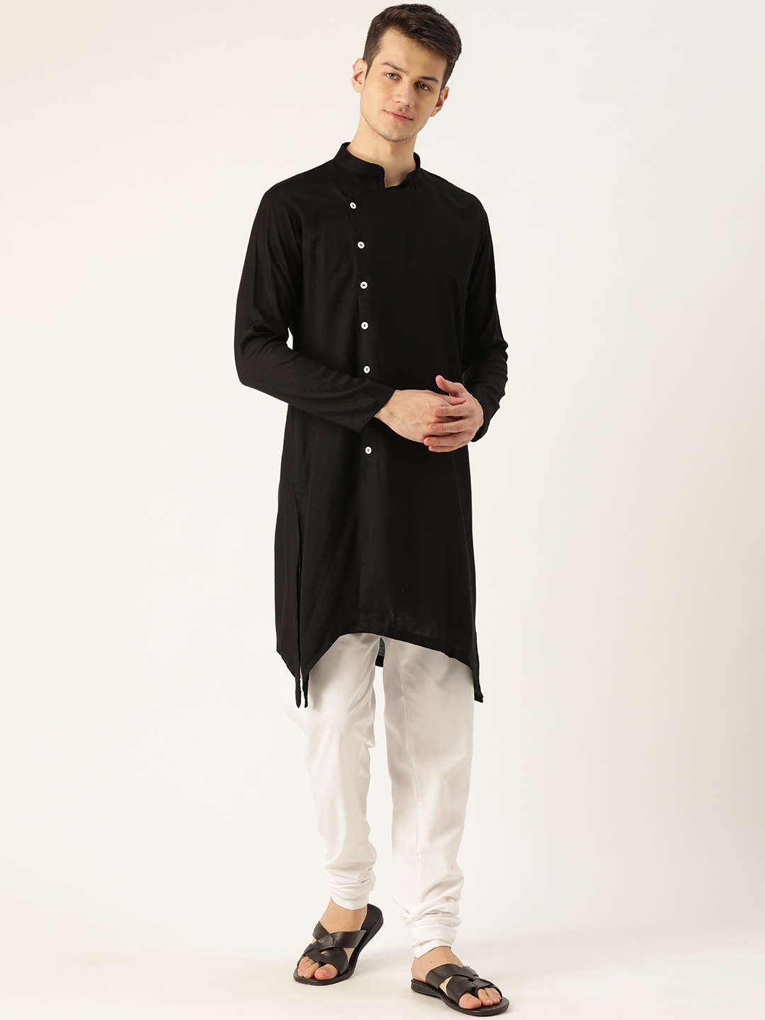 

SOJANYA Men Black Solid Angrakha Asymmetric Straight Kurta