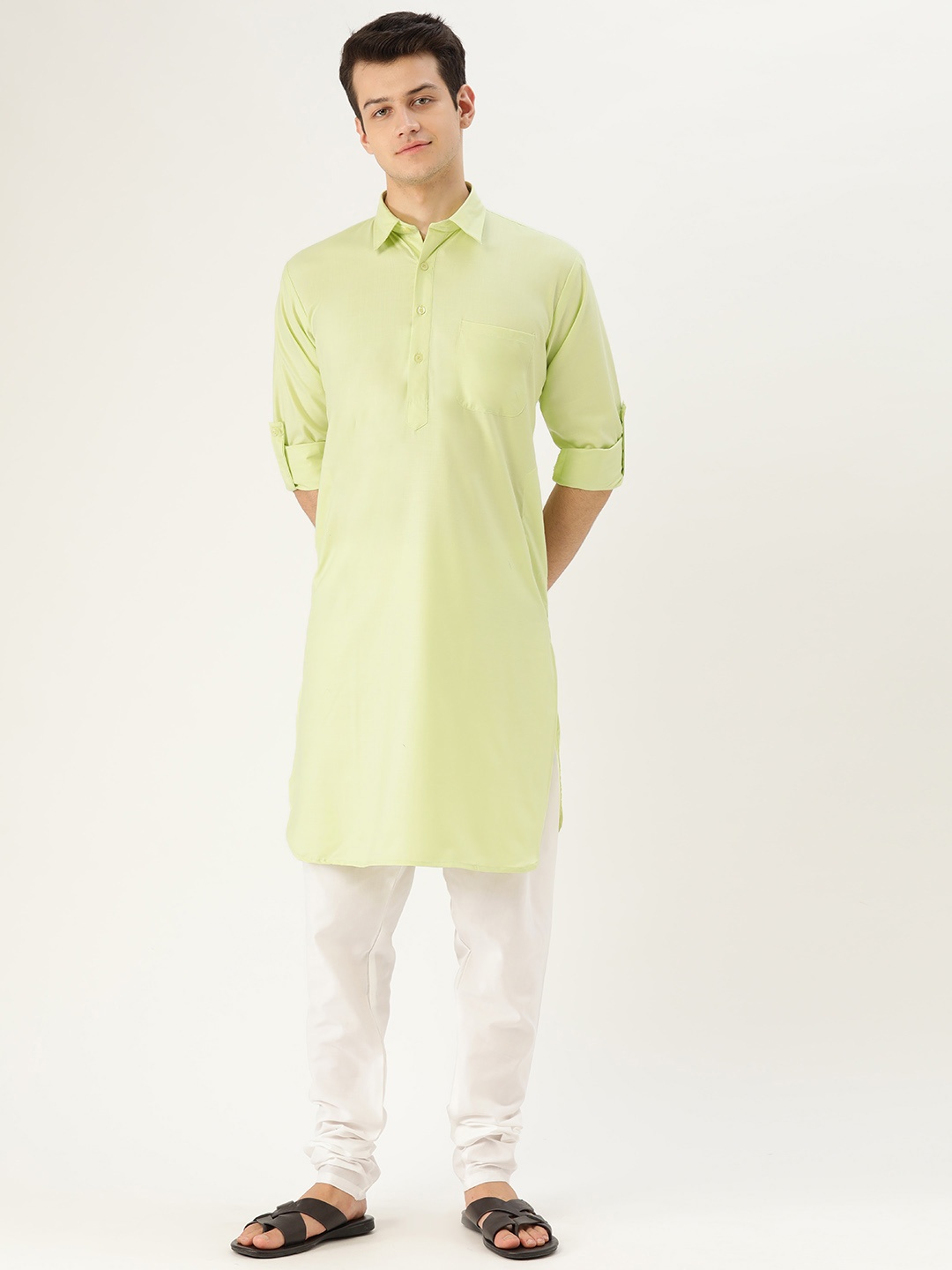 

SOJANYA Men Green & White Solid Pathani Kurta with Churidar