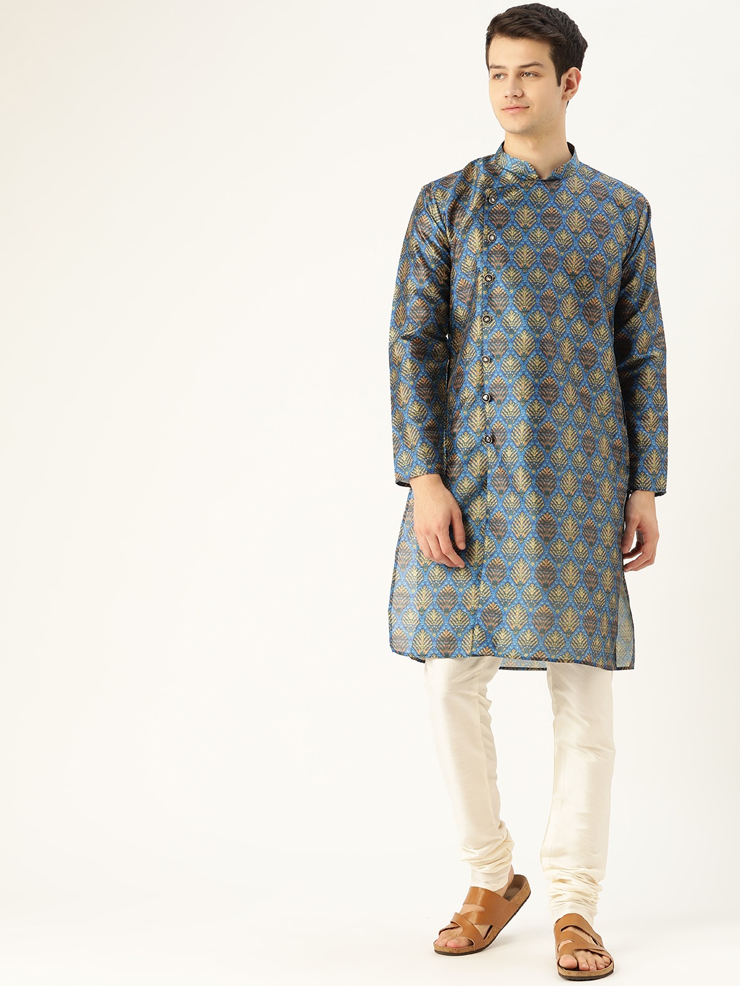 

SOJANYA Men Blue & Yellow Printed Angrakha Straight Kurta