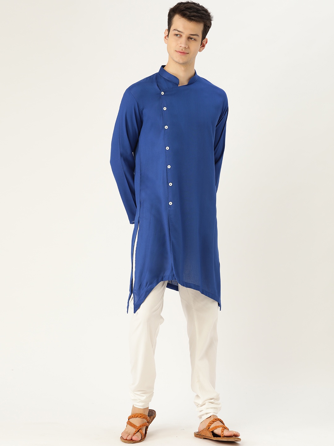 

SOJANYA Men Navy Blue & White Solid Asymmetric Kurta with Churidar