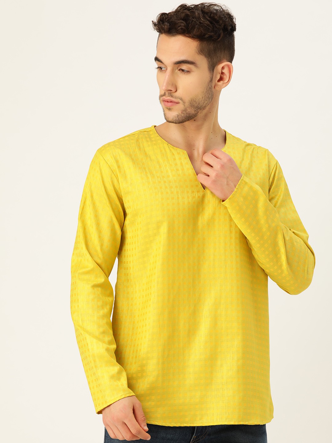 

SOJANYA Men Lime Green & Mustard Yellow Woven Design Straight Kurta