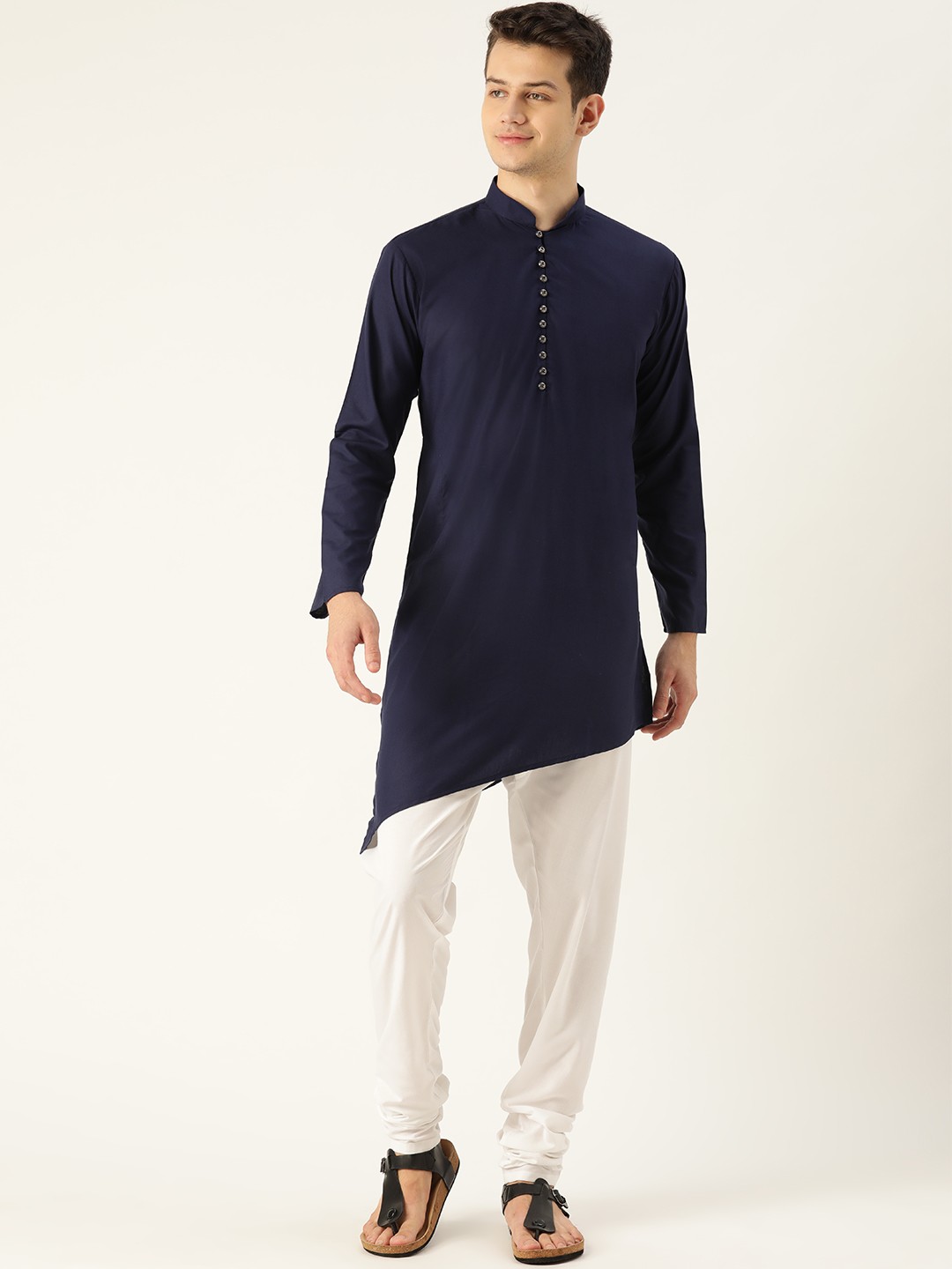 

SOJANYA Men Navy Blue & White Solid Asymmetric Kurta with Churidar