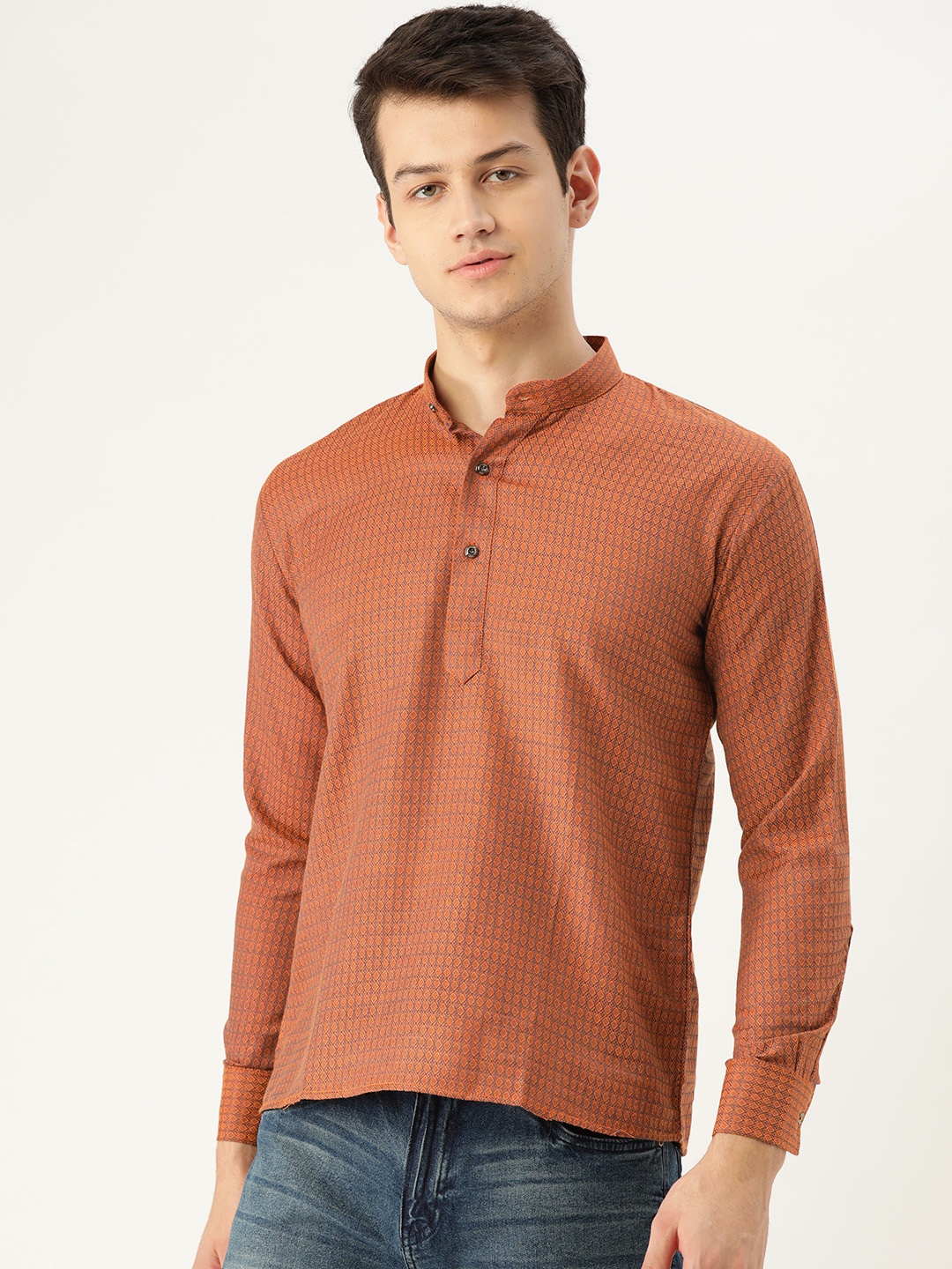

SOJANYA Men Orange Self-Design Short Straight Kurta