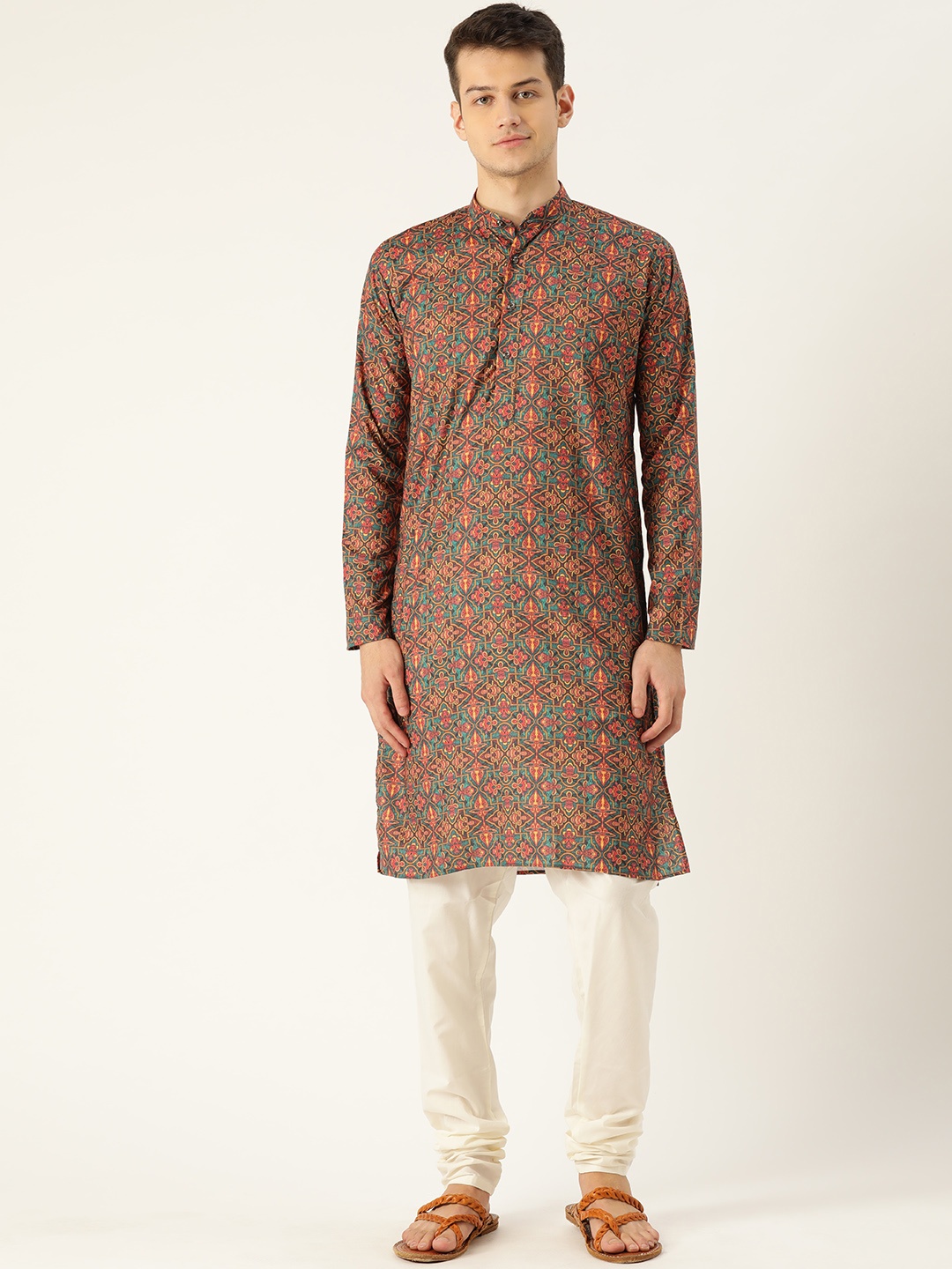 

SOJANYA Men Green & Off-White Printed Kurta with Churidar