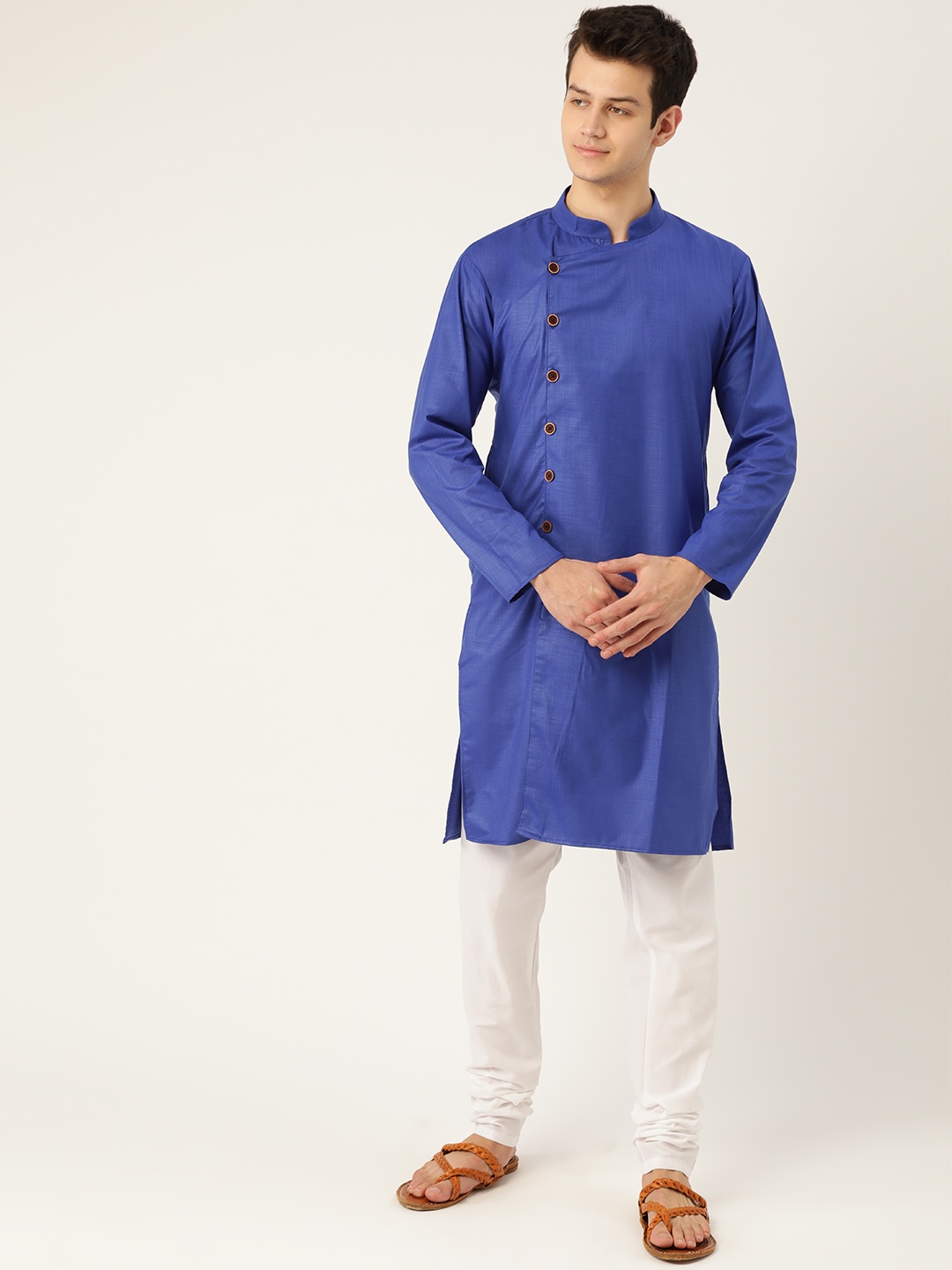 

SOJANYA Men Blue & White Solid Angrakha Kurta with Churidar