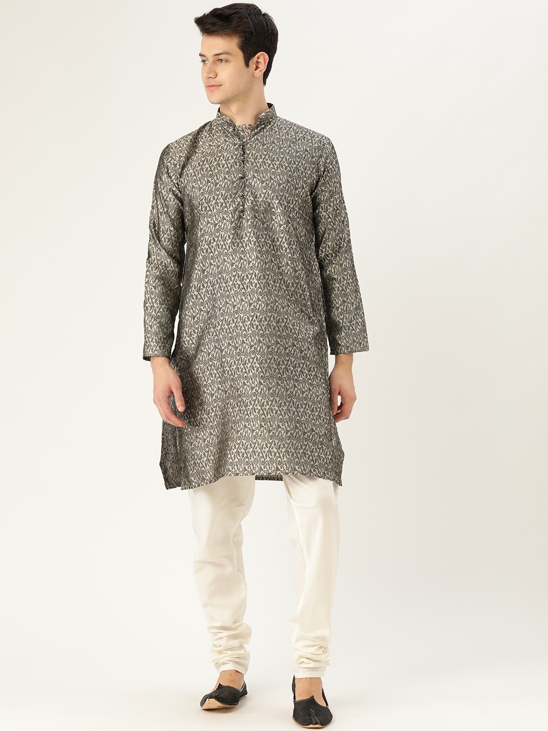 

SOJANYA Men Off-White & Black Woven Design Straight Kurta