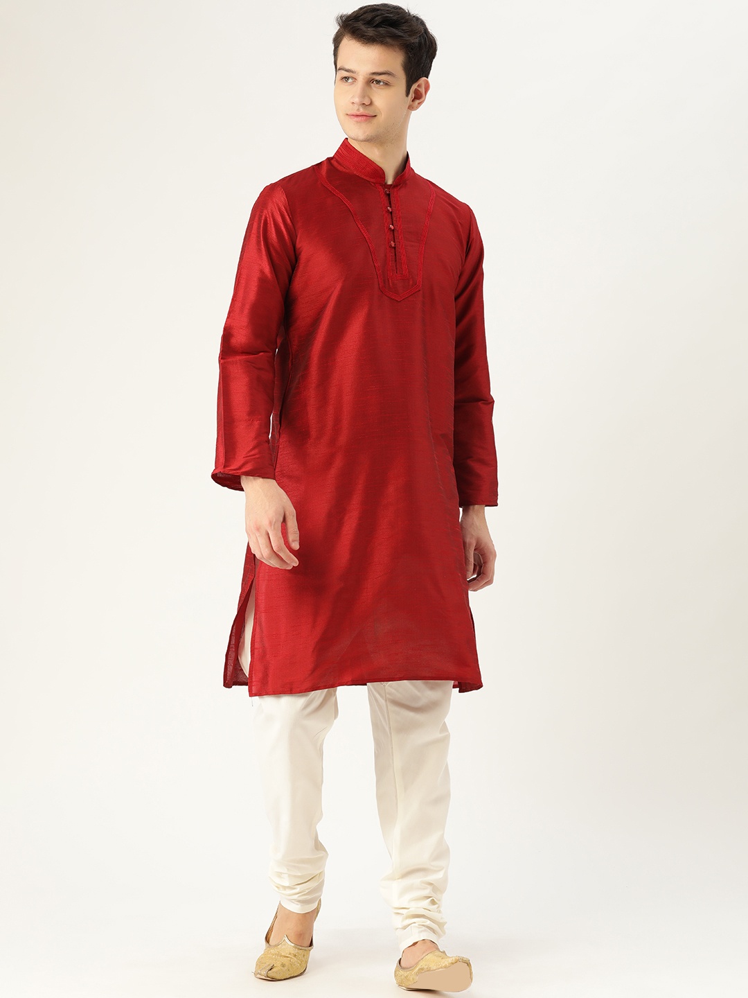 

SOJANYA Men Maroon & Off-White Solid Kurta with Churidar