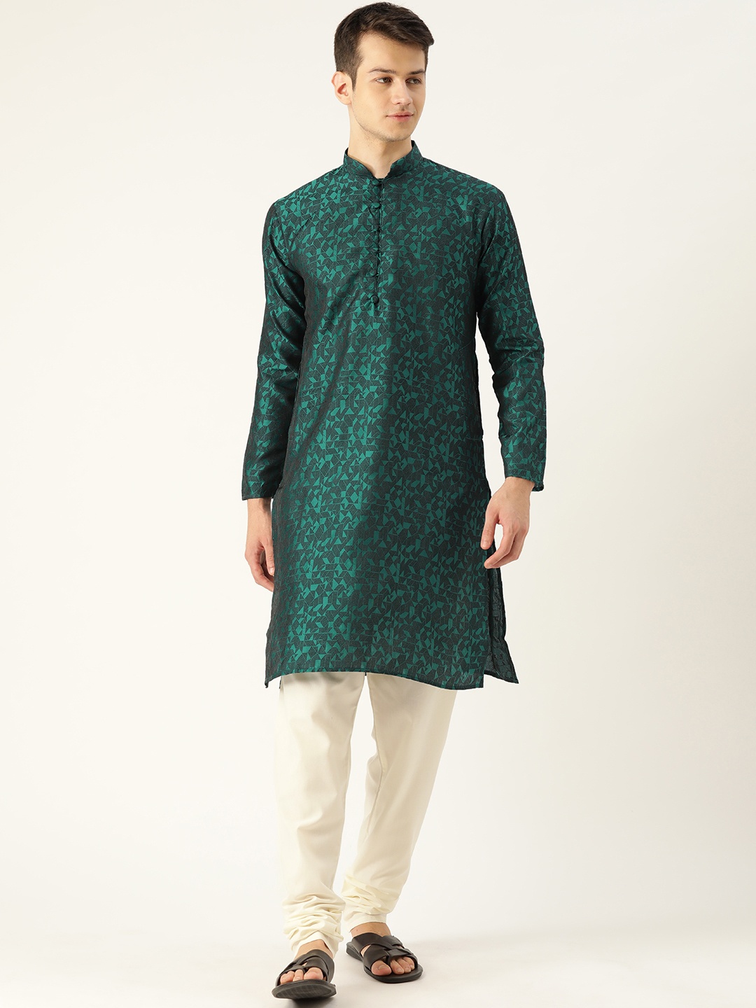 

SOJANYA Men Green & Off-White Woven Design Kurta with Churidar