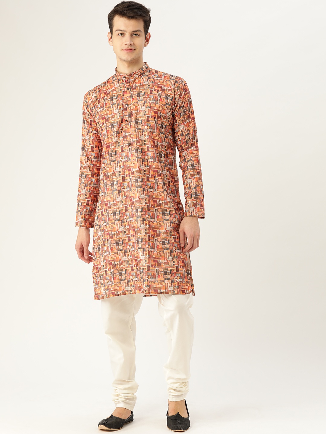 

SOJANYA Men Orange & Grey Printed Straight Kurta